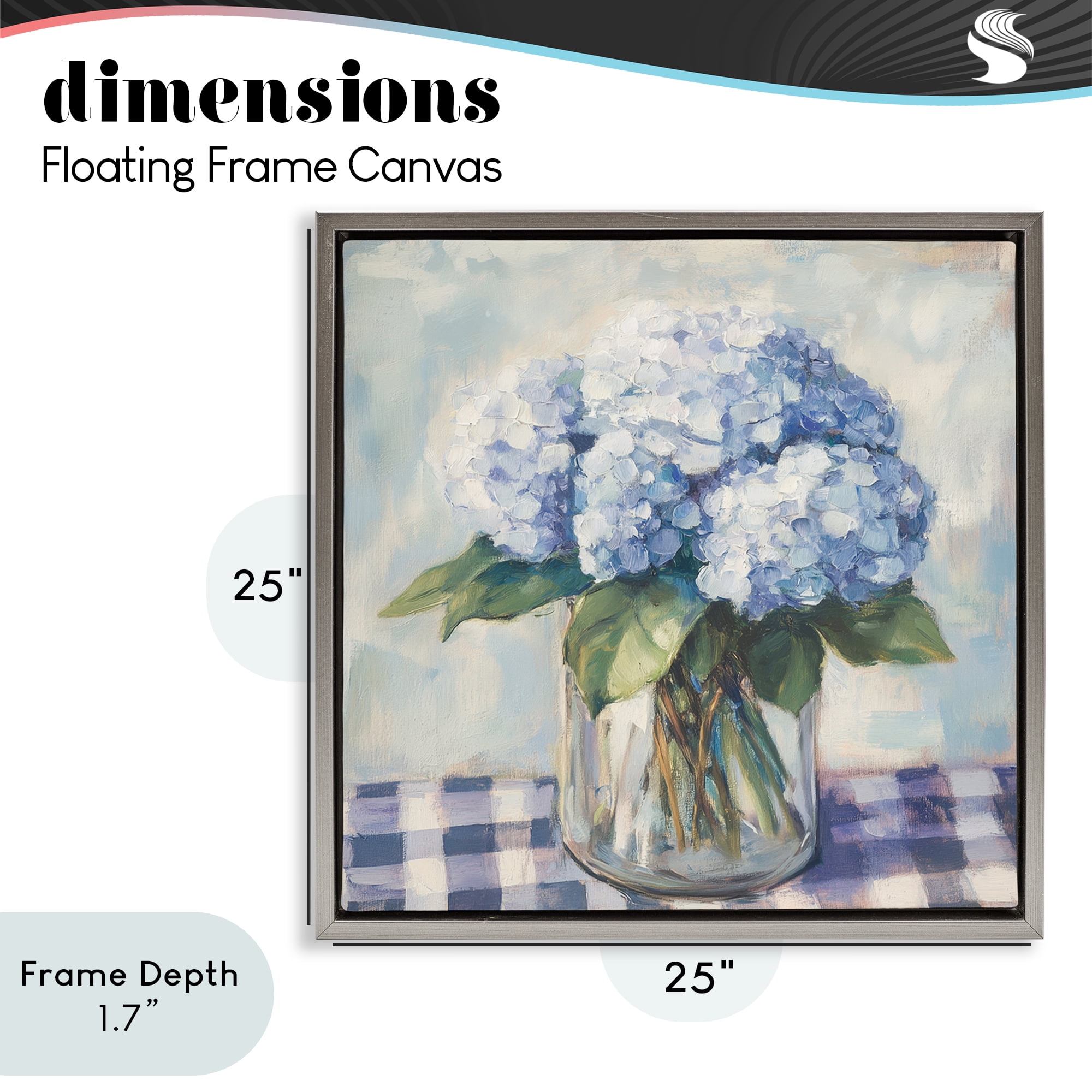 Stupell Industries Hydrangeas on Gingham Tablecloth Gray Framed Floater Canvas Wall Art, design by Petal Prints Design