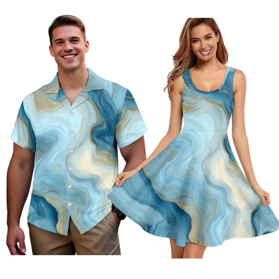 Jiueut Blue Marble Pattern Hawaiian Shirts for Couples Matching Set Men's Button Down Shirt or Women's Sleeveless Mini Dress, Family Matching Hawaii Outfits for Husband and Wife, XS