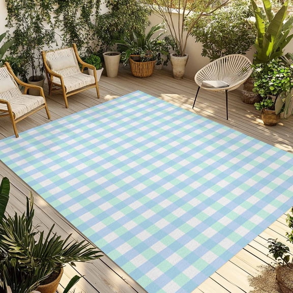 Aqua Blue Green Outdoor Rug 5x8 Ft - Reversible Patio Rug Outdoor Camping Rugs, Checkered Plaid Gingham Lattice Trellis Indoor Outdoor Area Rugs, Non-Slip Outdoor Carpet Runner for Deck/Porch