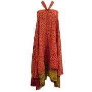 Mogul Women Magic Wrap Skirt Red Bandini  Print Silk Sari Two Layer Reversible Beach Dress