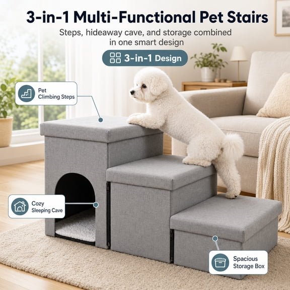 Doulami 18" H 3-Step Folding Pet Stairs for High Beds & Couches, Portable Storage Dog Stairs for Small Medium Large Senior Dogs Cats, Non-Slip Indoor Ramp Ladder for Elderly Arthritic Pets, Gray