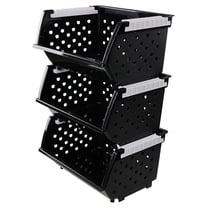Stacking Storage Baskets 3-Pack - Plastic Stackable Bin Organizer - Black - 17.3" x 13.3" x 9" - Kitchen, Bathroom, Home Storage