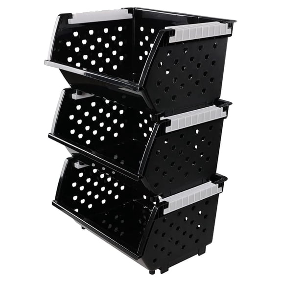 Stacking Storage Baskets 3-Pack - Plastic Stackable Bin Organizer - Black - 17.3" x 13.3" x 9" - Kitchen, Bathroom, Home Storage
