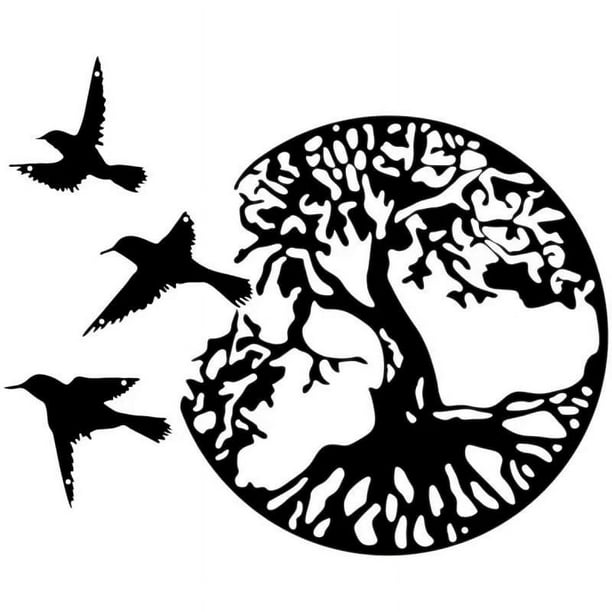 Arte de pared de metal del árbol de la vida con pájaros, decoración negra, 45 cm/17,71 pulgadas, arte de pared del árbol de la vida, arte de pared de metal moderno, letrero familiar de árbol
