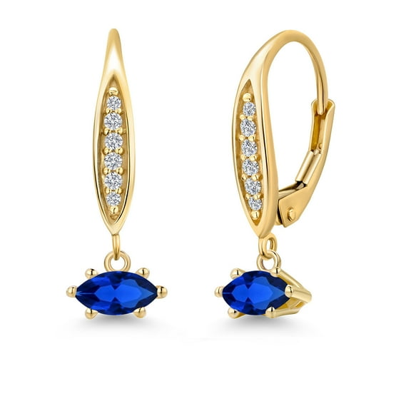 Gem Stone King 10K Yellow Gold Blue Created Sapphire and Lab Grown Diamond Earrings for Women | 0.59 Cttw | Gemstone September Birthstone | Marquise 6X3MM