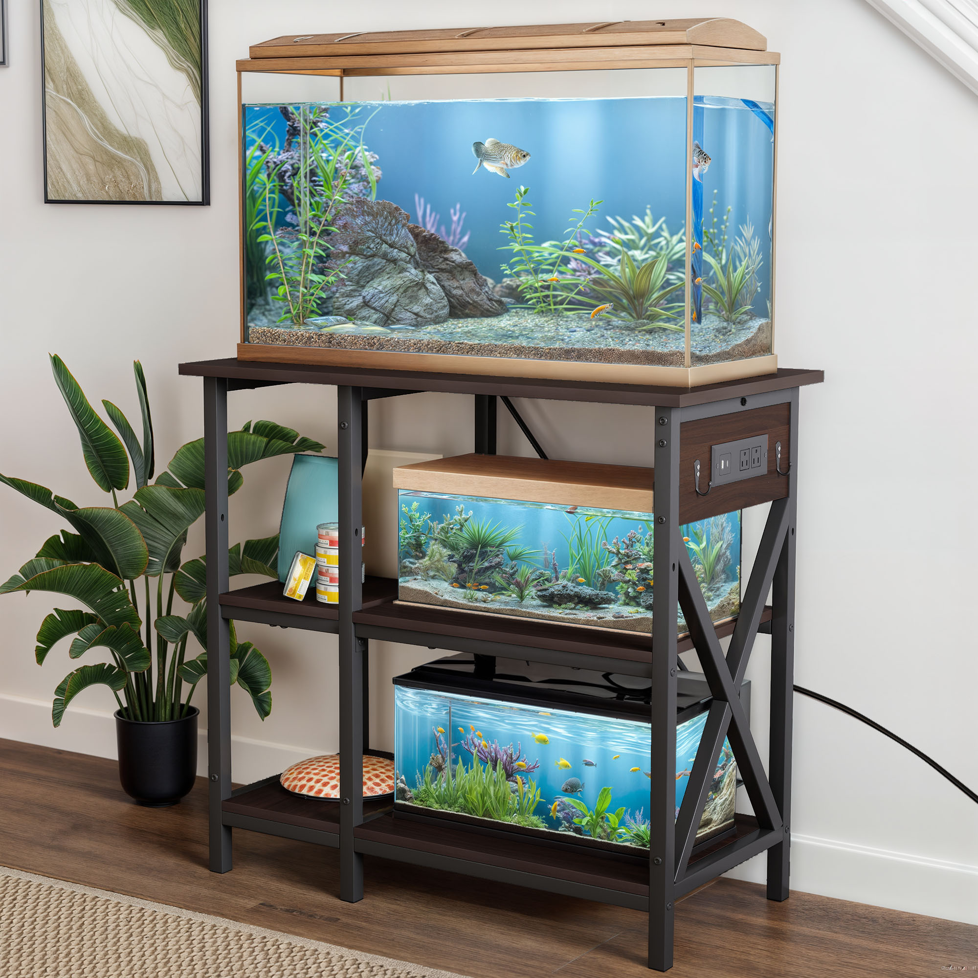 Uforic 10-29-37 Gallon 3-Tier Heavy Duty Metal Fish Tank Stand with Power Outlets &  Adjustable Storage Shelf,450LBS Capacity, Black