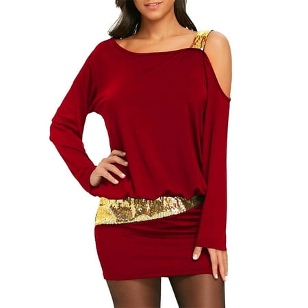 Suede Blouson - Fashion Womens Sexy Strapless Cold Shoulder Sequins Bling Mini Blouson Dress