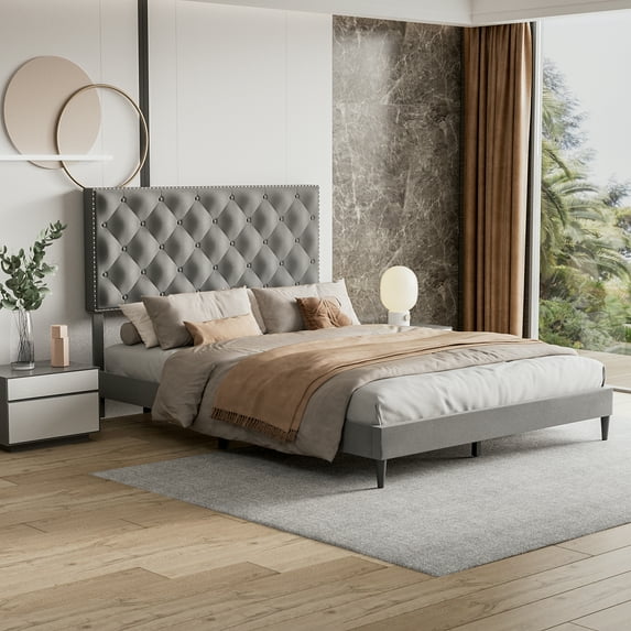 Homall Upholstered Platform Bed Frame, Mattress Foundation, Wood Slat Support, No Box Spring Needed, Queen, Platform Bed Only, Dark Grey