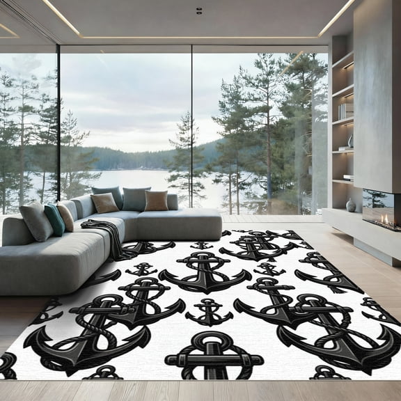 ODIKA 4'x6' Machine Washable Non-Slip Area Rug, Graphic Black High Traffic Rug, Black, 1244388