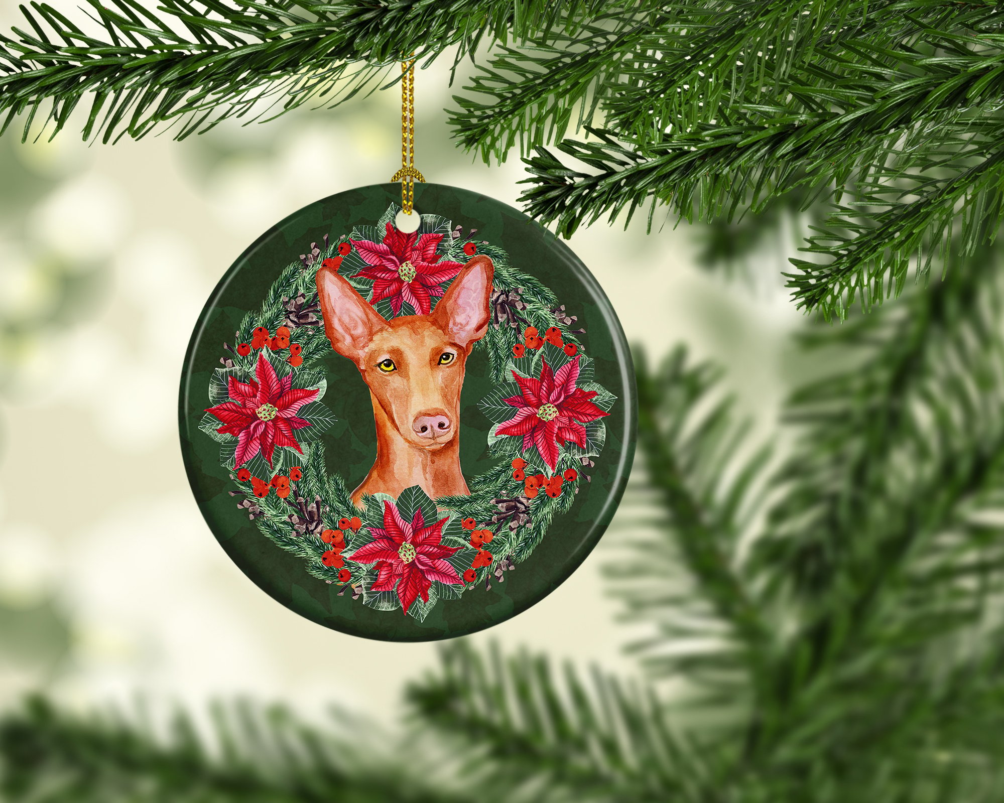 Pharaoh Hound Poinsetta Wreath Ceramic Ornament 2.8 in x 2.8 in