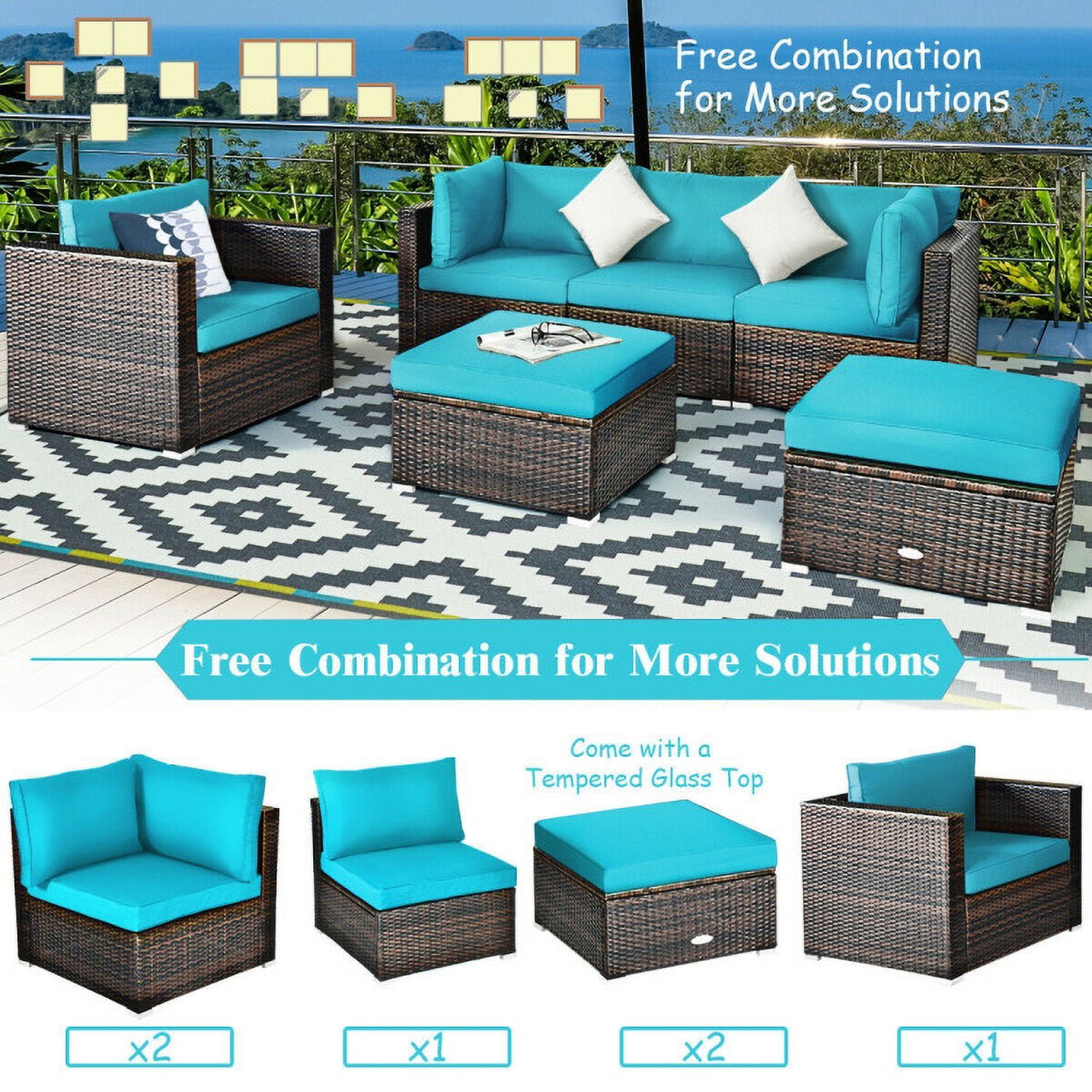 Aimee Lii 6 Pcs Patio Rattan Furniture Set with Sectional Cushion, Outdoor Deck Furniture, Turquoise