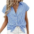 thumbnail image 4 of Craaazy Women's Short Sleeve Tops Gingham Print Tie Front Collared Button Down Shirts for Casual Daily Wear, 4 of 6