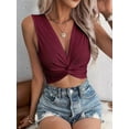 thumbnail image 3 of Women'S Twist Front V Neck Ribbed Knit Sleeveless Sexy- Tank Crop Top Wine Red S, 3 of 7