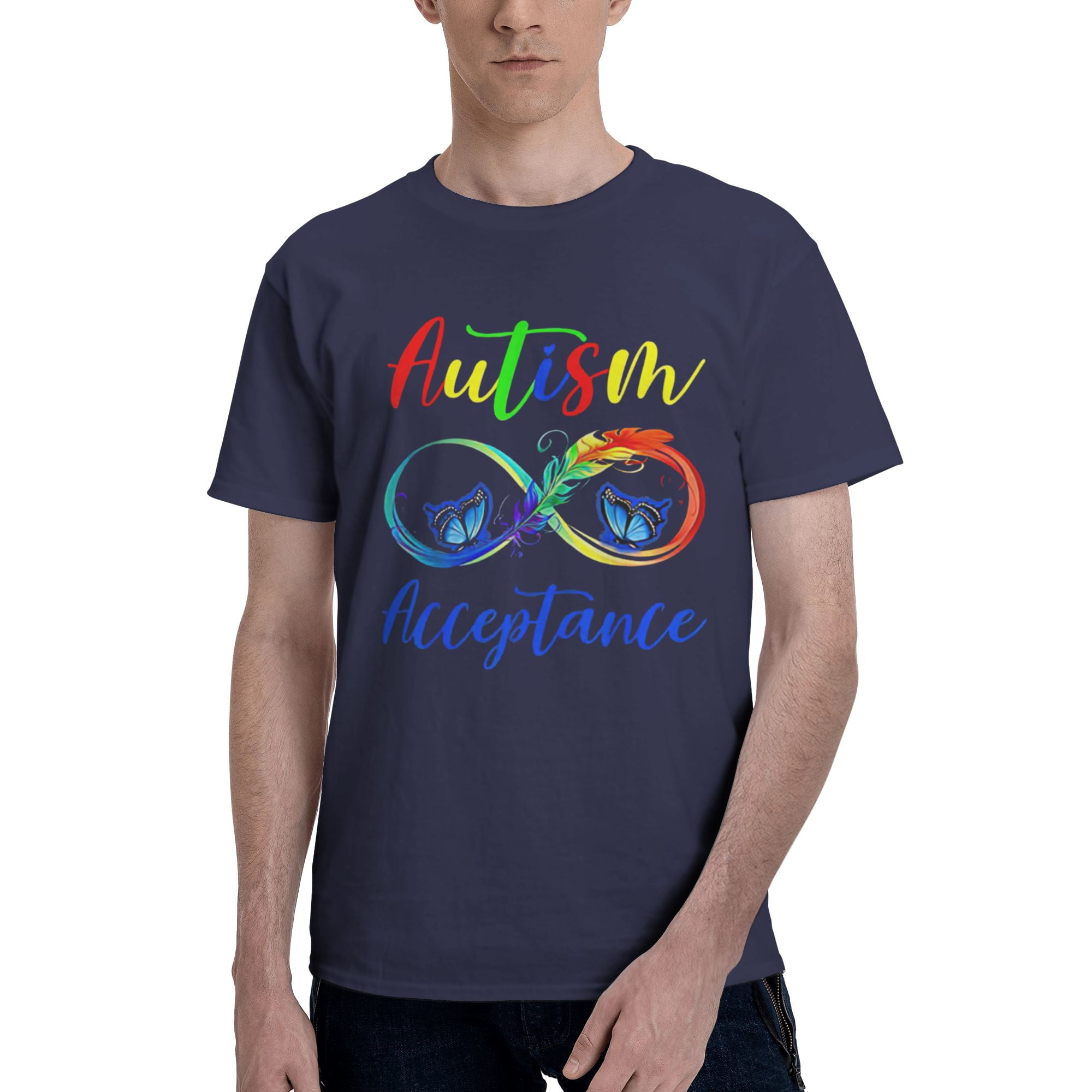 Autisme - Rouge au Lieu de l'Infini - T-Shirt Basique à Manches Courtes pour Hommes avec Papillon Bleu Marine 3TG