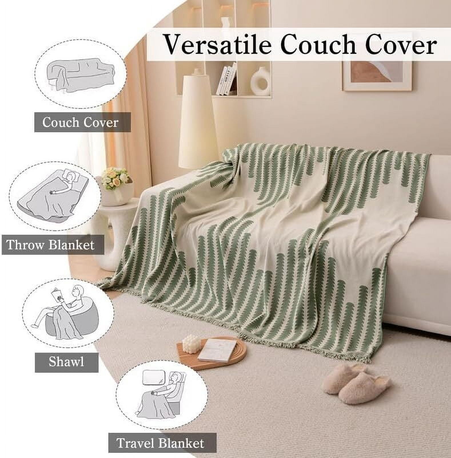 Eurhowing Boho Couch Cover for 2-3 Cushion Couch, Chenille Sofa Cover Blanket with a Pillowcase, Anti-Slip Tassel Sofa Slipcover for Pet, (71'' x 118'', Green)