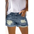 thumbnail image 1 of Women's Distressed Ripped Rolled Hem Blue Denim Shorts, 1 of 11