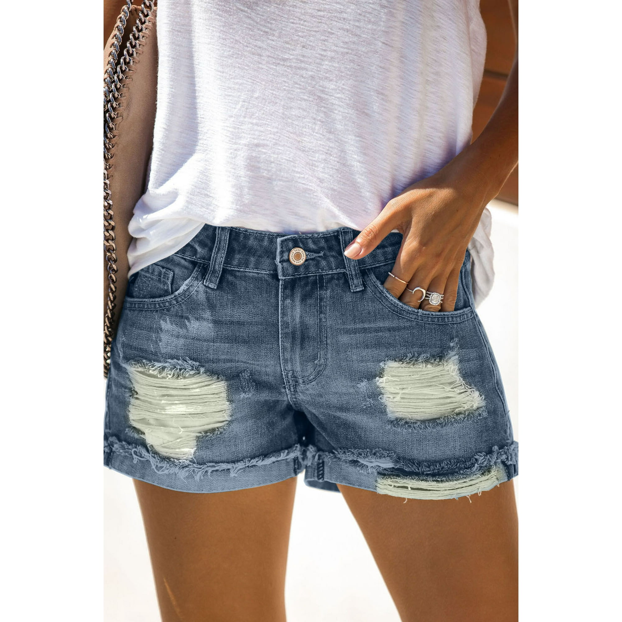 Chicfine Women s Distressed Ripped Rolled Hem Blue Denim Shorts Blue
