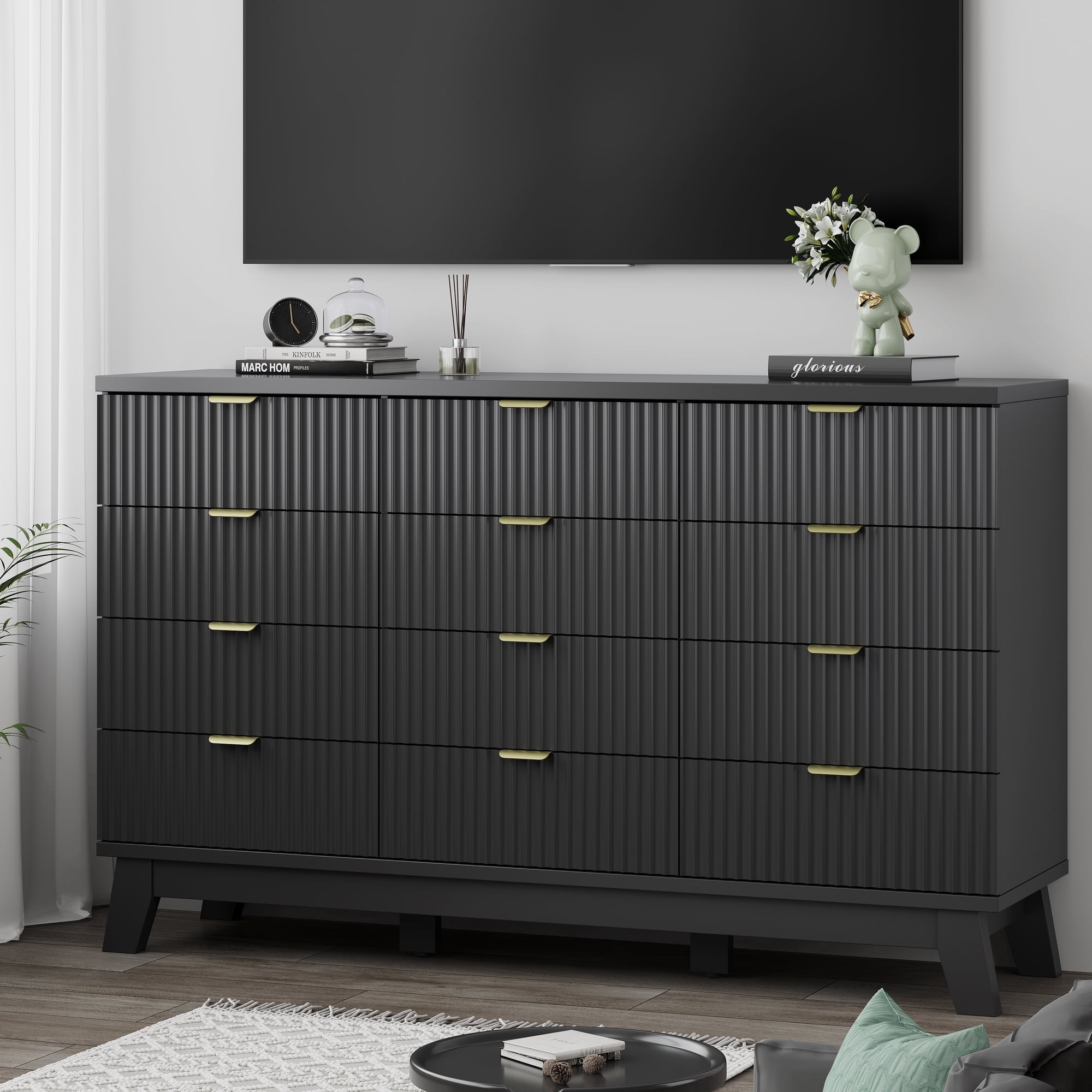 FANRAL 12 Drawers Dresser Fluted Dresser for Bedroom,Wooden Chest of Drawers Modern Dresser for Closet,Black Dresser