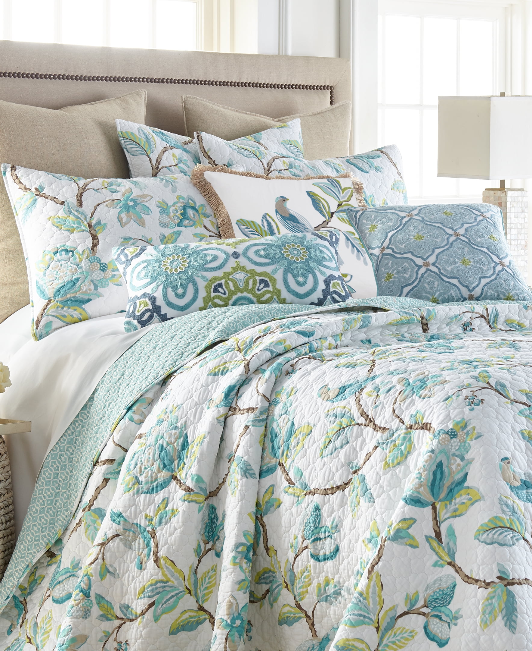 Levtex Home - Cressida Quilt Set - Queen Quilt + Two Standard Pillow Shams - Teal Blue Cream Taupe Brown - Quilt (88x92in.) and Pillow Shams (26x20in.) - Reversible - Cotton Fabric