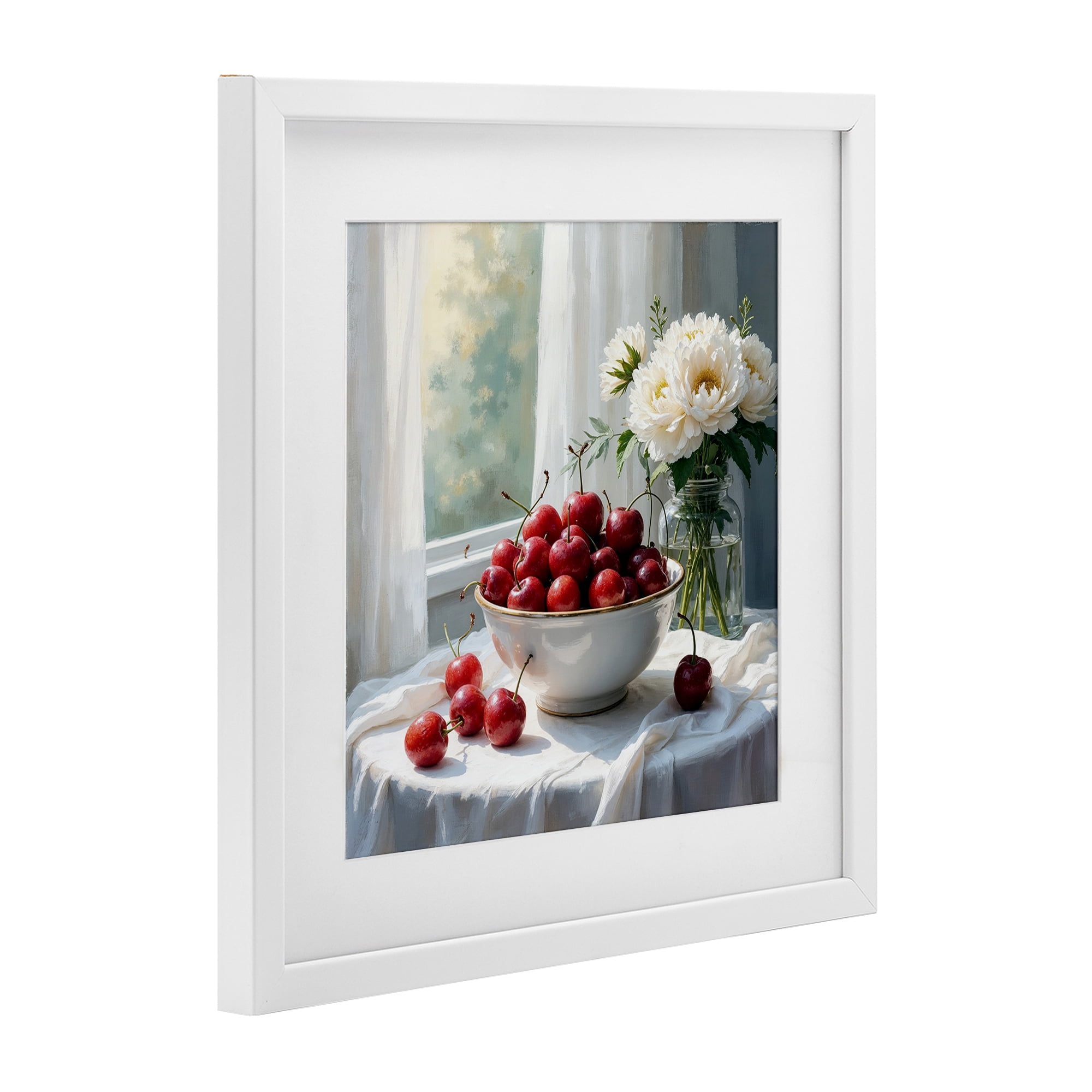 Cherries & Flowers Still Life White Framed Print Under Glass, design by Lettered and Lined