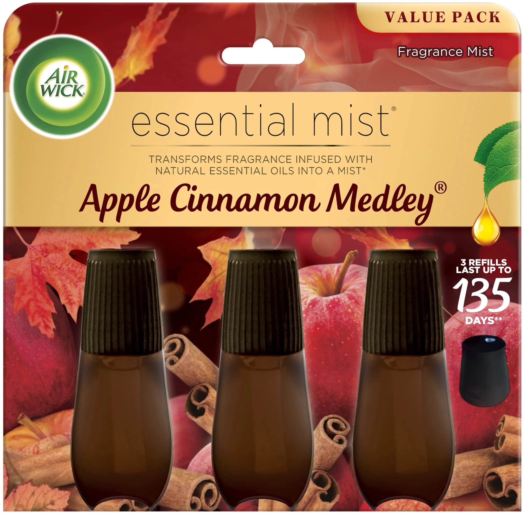 Air Wick Essential Mist Fall Scented Oil Air Freshener Diffuser Refills, Apple Cinnamon Medley, 3 Count