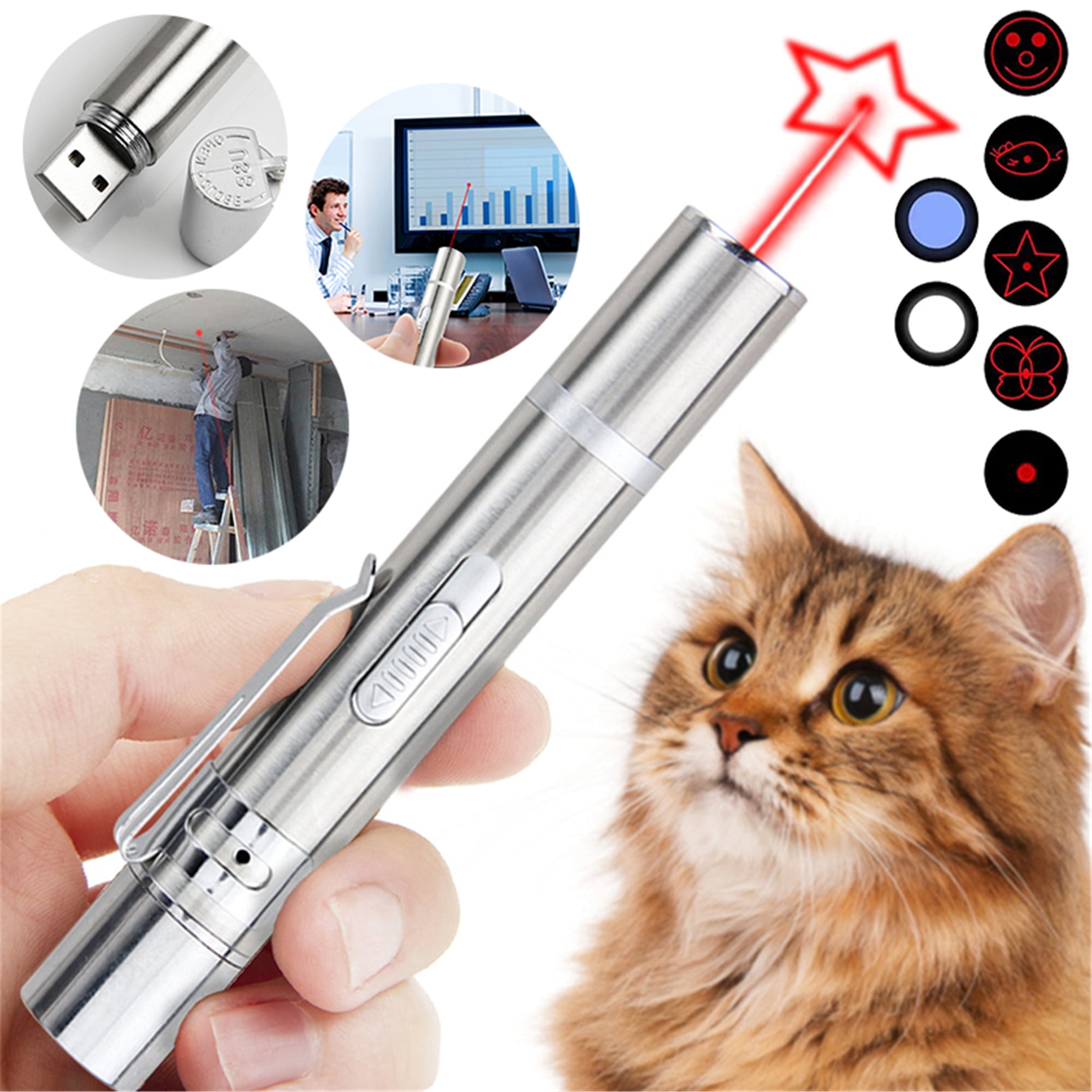 Interactive Cat Toy Pen for Indoor Cats Dogs Pet Dog Chaser Toy for Kitten Puppy Funny Playing Training Catch Exercise Clicker Long Range Tease Cat Stick,Flashlight USB Recharge 