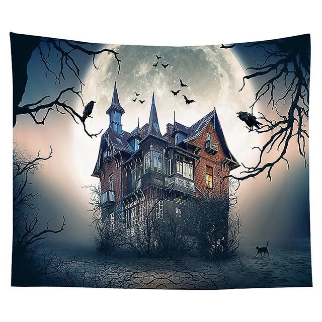 Tapiz de noche de Halloween para colgar en la pared, tapiz de casa cazada, murciélagos y cuervos en noche de luna llena, tapiz de pared, tapiz de ramas de árboles espeluznantes para dormitorio