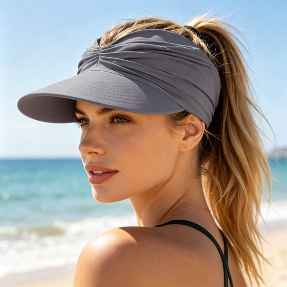 Womens Hollow Top Visor Wide Large Brim UV 50 Protection for Women Lightweight Pleated Summer Beach Sports Pony Tail Sunblock Cap Hat