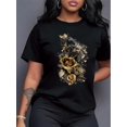thumbnail image 1 of Camiseta de verano para mujer con Cuello RedondoWomen's Sparkling Roses Graphic T-Shirt - Elegant Black with Golden and White Floral Print, Casual Crew Neck, Short Sleeve, All-Season WearFather's Da, 1 of 7
