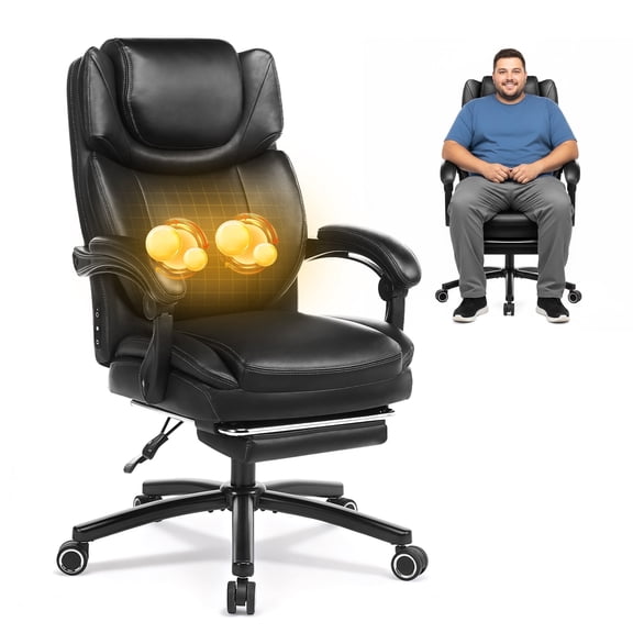 EOP Big and Tall Office Chair with Footrest, Heated Massage Faux Leather Computer Chair with 3D Linkage Armrests and Lumbar Pillow, Black