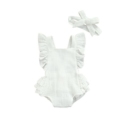 

Baby Girl’s Solid Color Backless Fly Sleeve Romper and Headband Summer Outfits