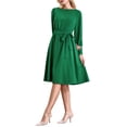 thumbnail image 4 of Vestido de línea A de mujer con cuello barco, mangas abullonadas largas, lazo en la cintura, casual, color verde, 4 of 5
