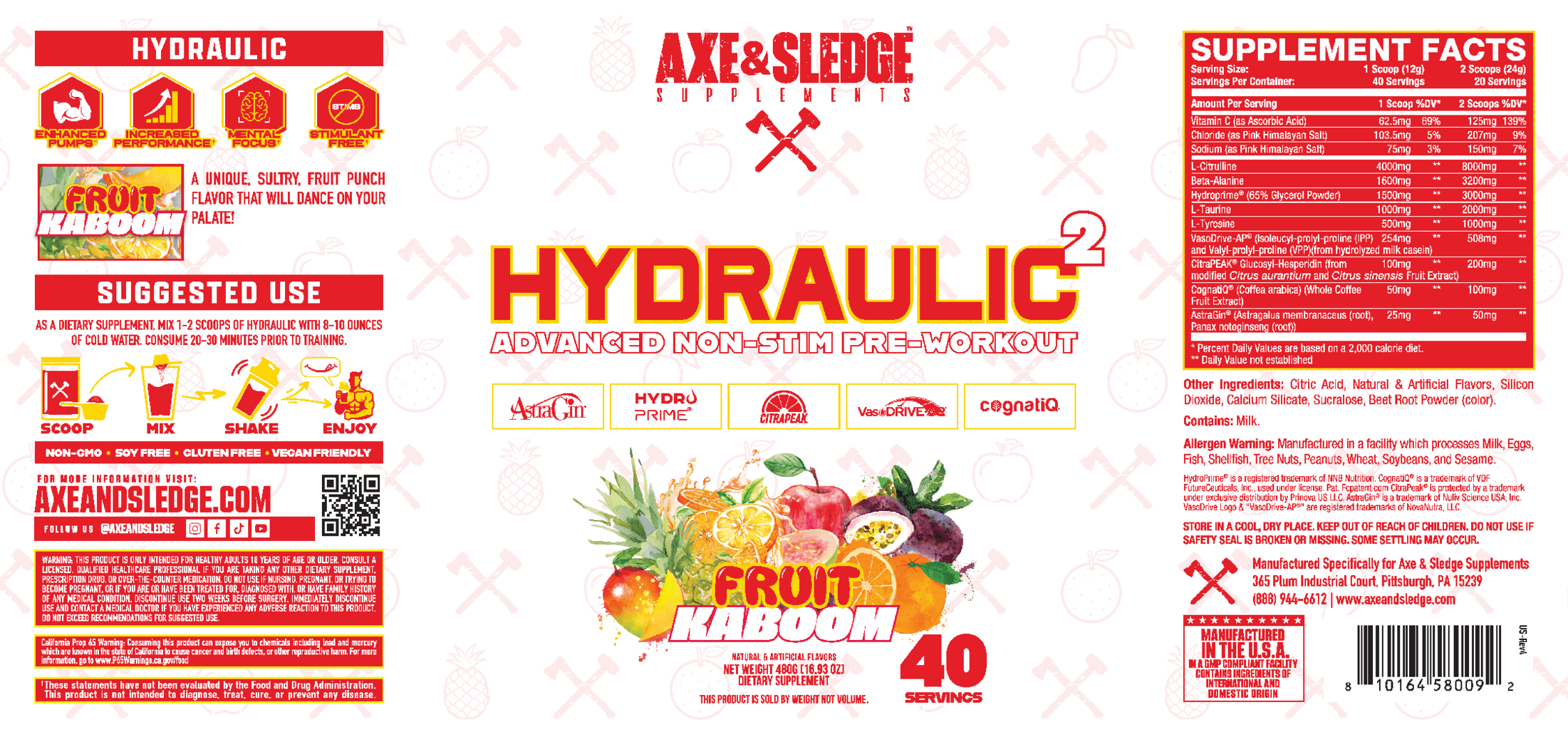 Axe & Sledge Hydraulic Stim-Free Pre-Workout Powder for Men & Women | Performance, Stamina, Focus, Pumps | L-Citrulline, Beta Alanine, Creatine, Caffeine-Free, Fruit Kaboom