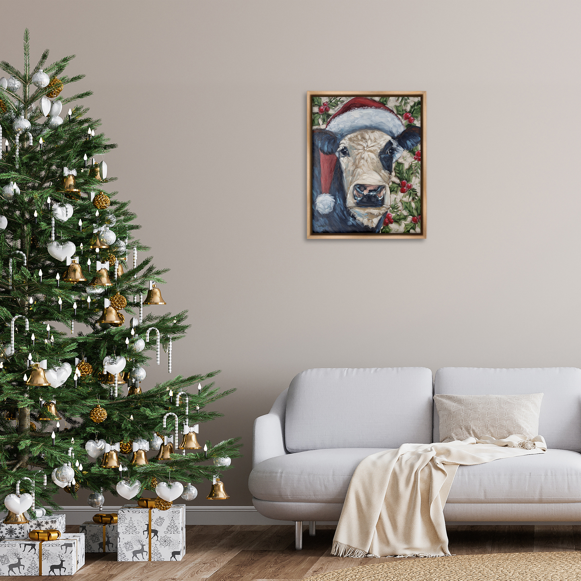 Stupell Industries Cow with Festive Holly Holiday Painting Brown Floater Framed Art Print Wall Art, 25 x 31