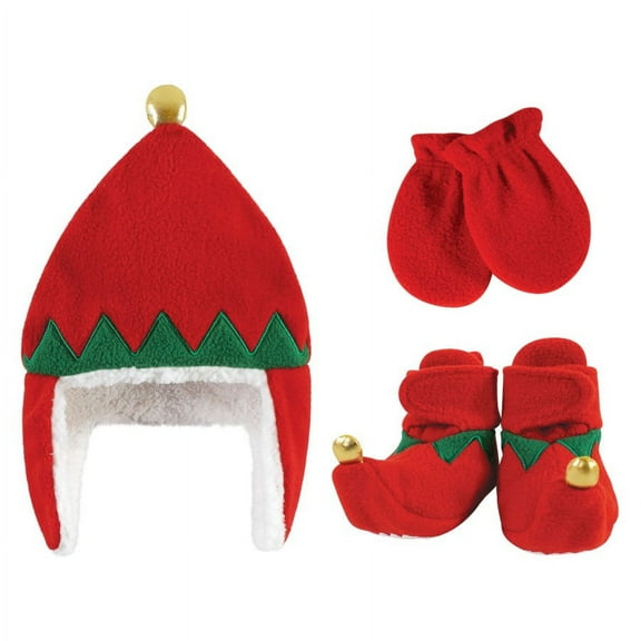 Hudson Baby Trapper Hat, Mitten and Bootie Set, Red Elf, 0-6 Months