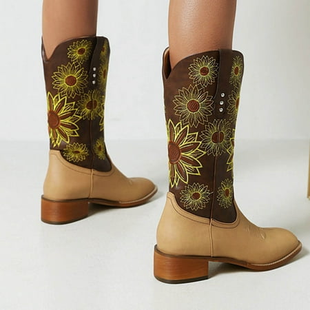 

HP95 Women s Shoes Sunflower Stitching Mid Heel Warm Mid Calf Retro Embroidery Western Cowboy Rider Boots