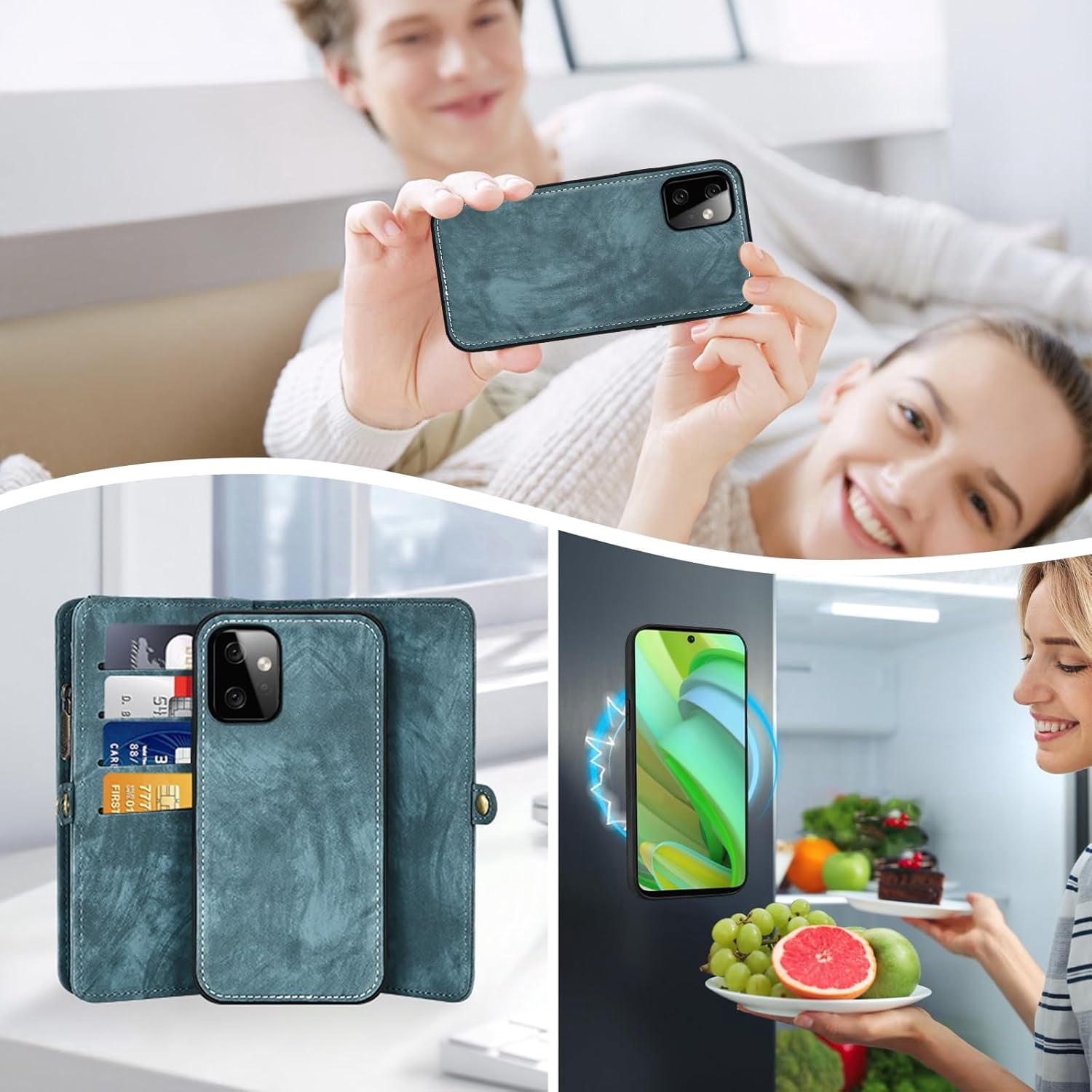 Asuwish Phone Case for Motorola Moto G Power 5G 2023 Zipper Wallet Detachable Cell Cover with Tempered Glass Screen Protector Crossbody Lanyard Strap Flip Card Holder Slot GPower G5 Women Girls Blue