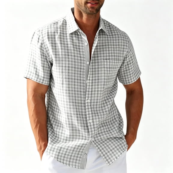 Fabrcox Men's Short Sleeve Button Down Shirt Plaid Collared Men Beach Shirt Summer Color Block Lightweight Men's Sun Shirt Gray 4XL