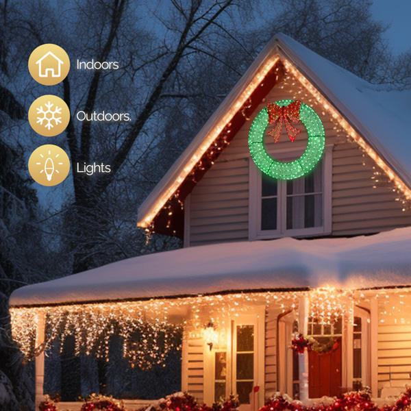 48in Pre-Lit Outdoor Christmas Wreath - 315 Warm White LED Lights, Green Foliage with Red Bow, Timer Remote Control, Weather-Resistant