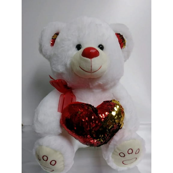 Valentine's Day Bear for The Special Woman in Your Life (Wife, Girlfriend, Lover) her Unique Plush White Teddy Bear Holding Color Changing Sequined Heart