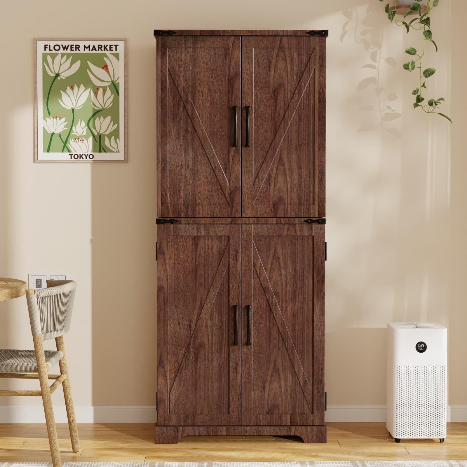 ACCOHOHO 72" Tall Kitchen Pantry Cabinets, Farmhouse Storage Cabinet with Barn Door, Drawer & Adjustable Shelves for Kitchen, Dining Room, Bathroom, Brown