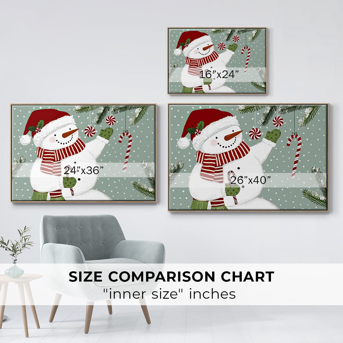 Peppermint Snowman Collection A - Framed Gallery Wrapped Holiday Canvas - 17 x 25 - Natural Wood Frame