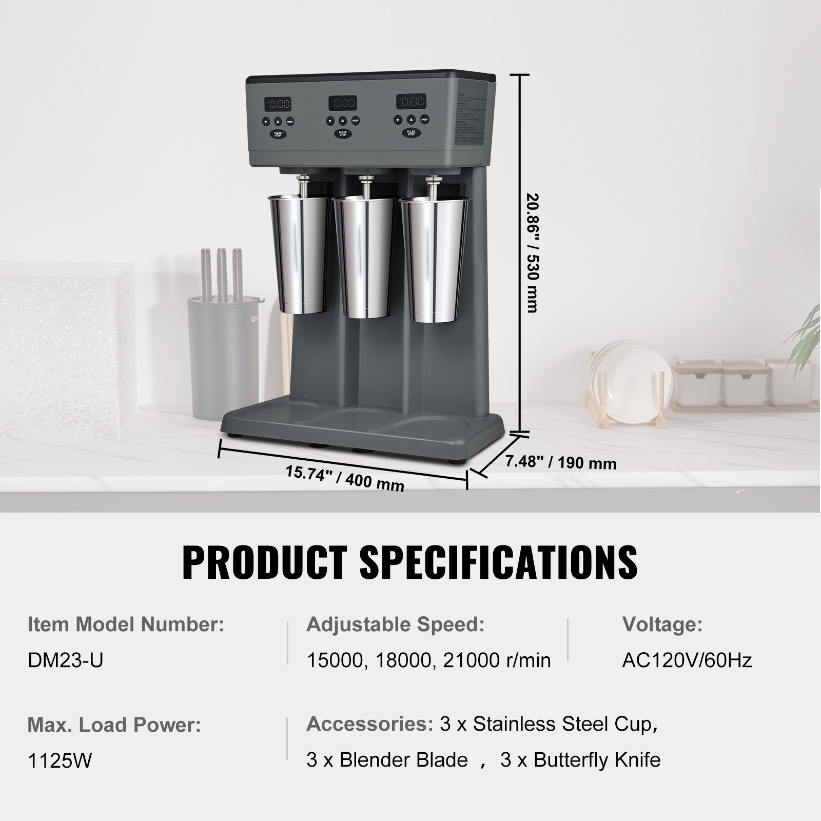 VEVOR Milkshake Maker Mixer Machine Stainless Steel Electric Blender with LED
