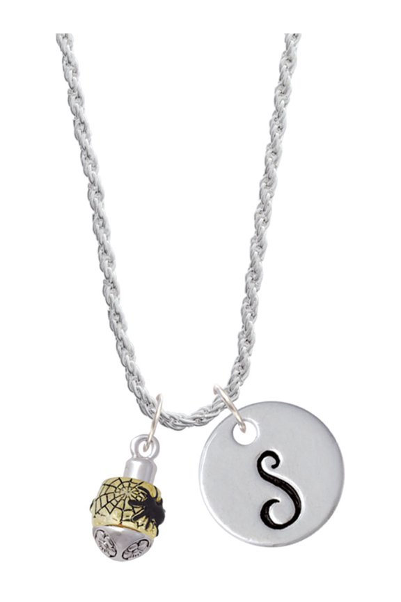 Goldtone Black Spider on Web Spinner Silvertone Script Initial Disc - S - Charm Necklace, 20"+3"