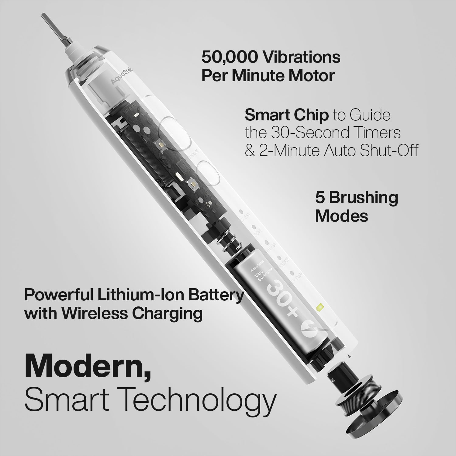 AquaSonic Vibe Series Pro Electric Toothbrush - UV Light, Wireless Charging, 4 Modes, 8 DuPont Brush Heads, Travel Case, ADA Approved - White