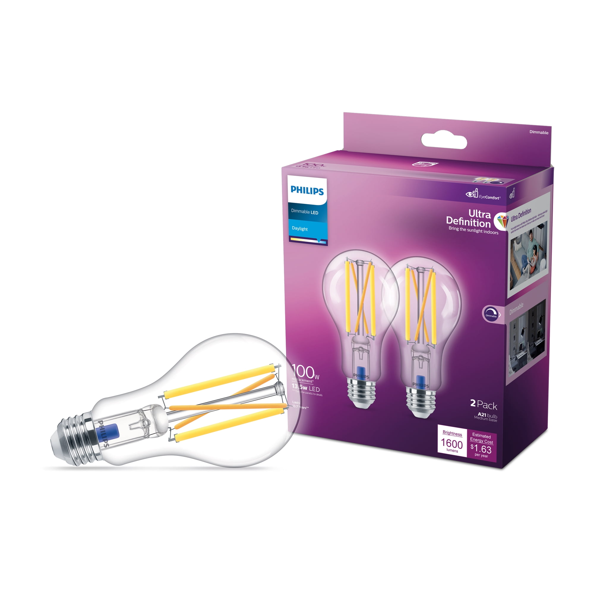 Philips Ultra Definition LED 100-Watt A21 Light Bulb, Clear Daylight, Dimmable, E26 Medium Base (2-Pack)