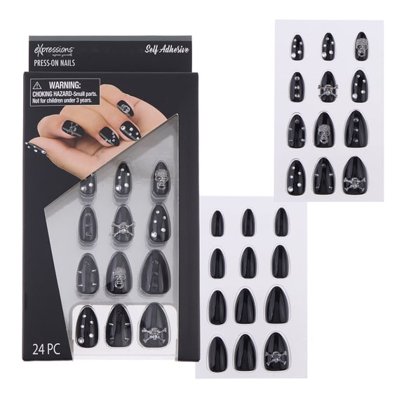Expressions 24-Pack Self Adhesive Halloween Press-On Nails - Black Skulls & Studs
