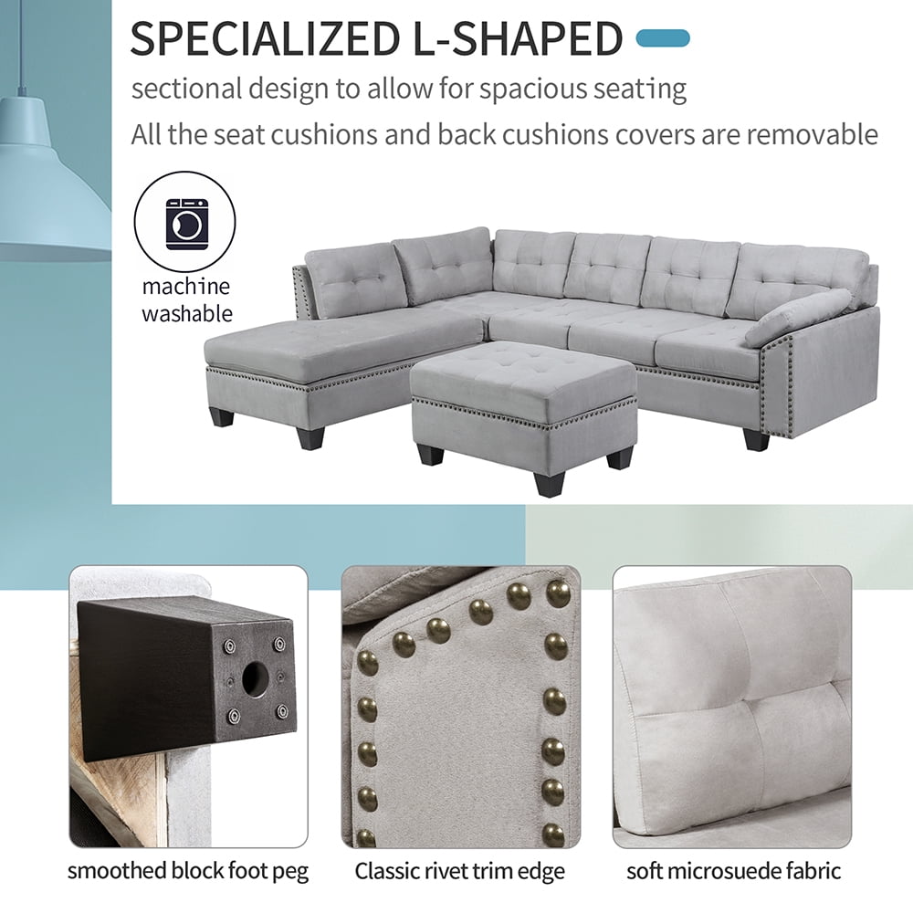 Veryke Modern L-Shape Sectional Sofa with Chaise Lounge and Storage Ottoman, Grey