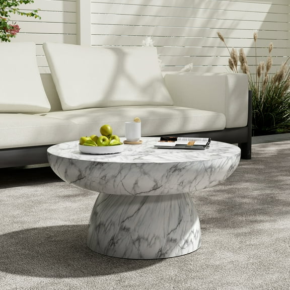 Christopher Knight Home 27.5" Faux Marble Outdoor Coffee Table, Round Patio Accent Table, White Marble Finish