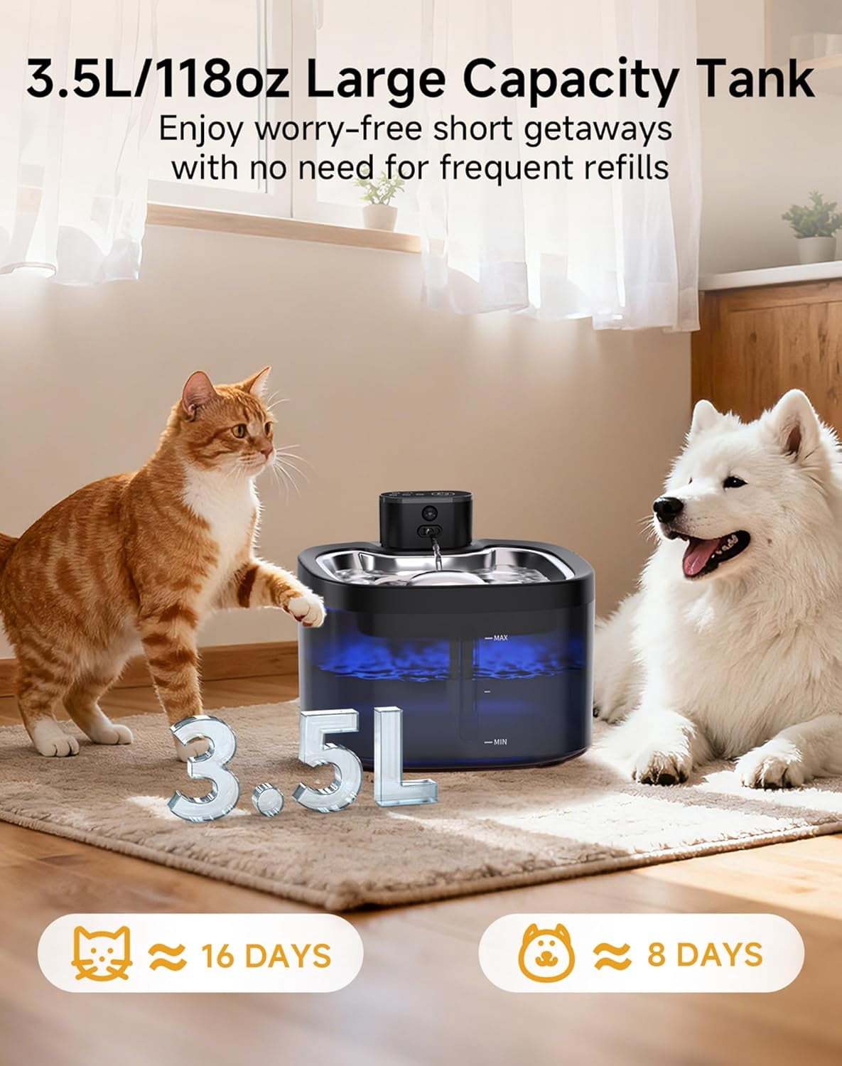 Cordless Battery Operated 118oz/3.5L Pet Water Fountain with Motion Sensor, Stainless Steel Tray, Ultra Quiet and Easy-to-Clean for Cats Indoors
